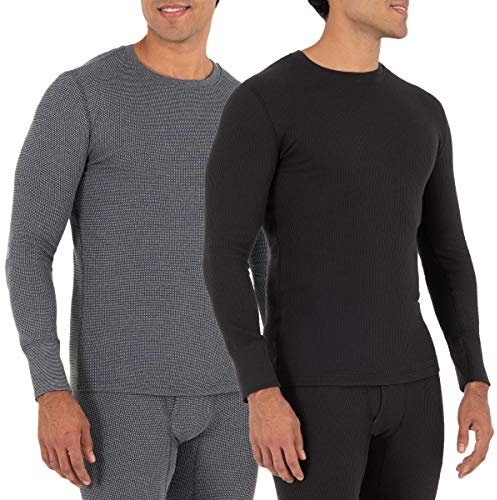 Fruit of the Loom Men's Recycled Waffle Thermal Underwear Crew Top (1 and 2 Packs) Pajama, Black/Greystone, Large