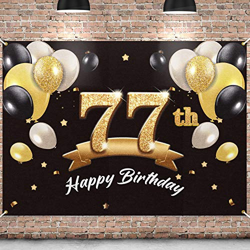 PAKBOOM Happy 77th Birthday Banner Hintergrund – 77 Geburtstag Party Dekorationen Zubehör für Männer – Schwarz Gold 1,2 x 1,8 m