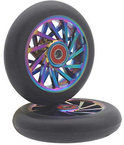 aibiku 2 Stück 110mm Hohlkern Stunt Scooter Rollen – ABEC 11 Kugellager installiert – Passend für Apollo/Albott/Cox Swain/HUDORA/Fuzion Stunt Scooter (Bunt-Schwarz)