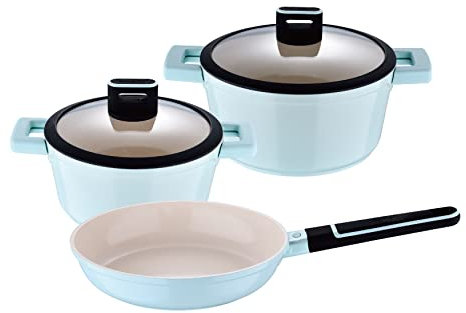 San Ignacio Cosy-Batteria da Cucina 5 Pezzi in Alluminio pressofuso, pentole con Coperchio da 20 Padella Antiaderente da 24 cm, impugnature ergonomiche, Blu Pastello