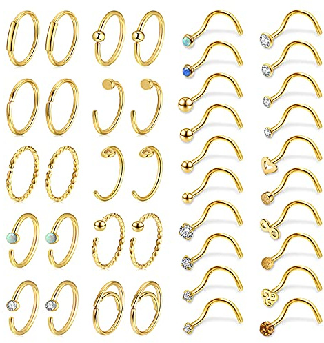 AllerPierce 40pcs 20g Nose Rings - 316L Stainless Steel Studs & Hoops - L Shape Bone Screw CZ - Hypoallergenic Nostril Nose Piercing Jewelry for Women & Men