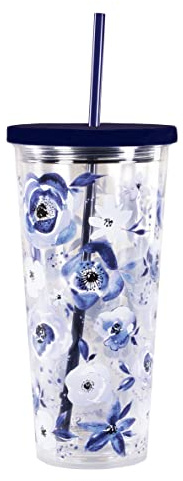 Steel Mill & Co 24 Ounce Reusable Tumbler with Lid and Straw, Floral Double Wall Insulated Travel Cup, Blue Watercolor