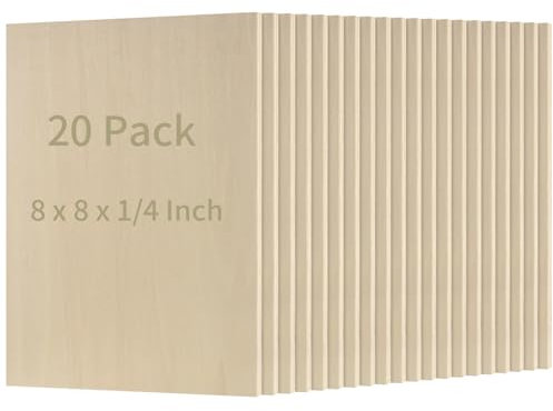 JEUIHAU 20 PCS 8 x 8 Inch Plywood Board Basswood Sheets, 1/4 Inch Thick Square Plywood Wood Sheets, Unfinished Basswood Sheets for Wood Engraving, Wood Burning and Laser Projects