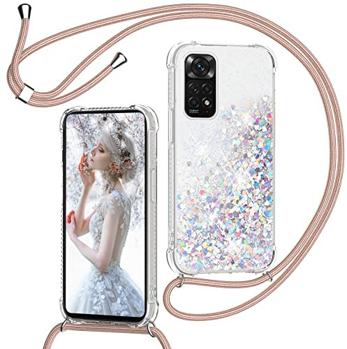 TUUTPU Coque pour Xiaomi Redmi Note 11 4G/Note 11S 4G avec Cordon, Paillette Étui pour Téléphone avec Lanière, Transparent Silicone Collier Réglable Protection Housse Portable Lanyard Case, Or Rose