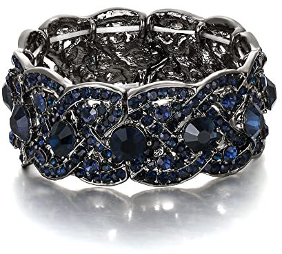 EVER FAITH Damen Österreichische Kristall Hochzeit Floral Breite Stretch-Armband Blau Schwarz-Ton