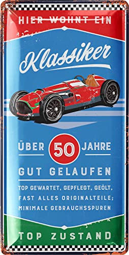 LANOLU Retro Blechschild 50 Geburtstag Schild - 50 JAHRE KLASSIKER - Alternative zur Geburtstagskarte 50 - witziges Geschenk 50 Geburtstag Mann, Metallschild, 17x34cm