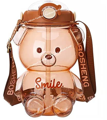 FunBlast Cute Bear Bouteille d'eau – Bouteille d'eau de grande capacité de 1000 ml, anti-fuite pour enfants, sans BPA, motif animal de dessin animé avec paille (marron)