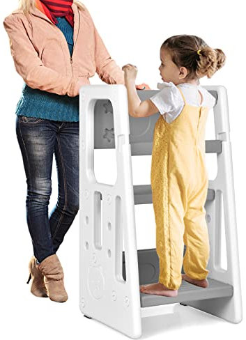 DREAMADE Tour d'apprentissage, Escabeau Montessori, 2 Marches en Plastique, 3 Hauteurs Réglables, Pédale Antidérapante, Charge 65 KG, pour Enfants 18-60 Mois (Gris + Blanc)