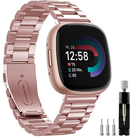 Songsier Armband Kompatibel mit Fitbit Versa 4/ Versa 3, Keine Lücke Solider Edelstahl Metall Ersatzband mit Doppelfaltschließe Kompatibel mit Fitbit Sense 2/ Sense