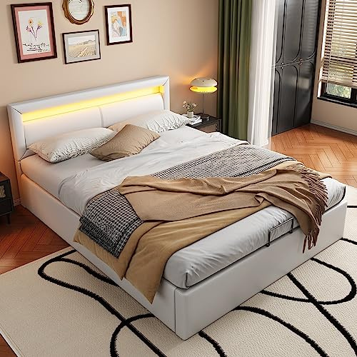 KecDuey Polsterbett 140 x 200 cm,Doppelbett Funktionsbett mit Lattenrost und Stauraum, LED-Beleuchtung, mit Funktion von Aufbewahrung, weiß,PU (Weiß#, 140 x 200cm)