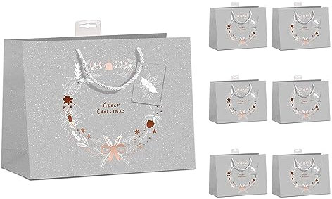 PremiumLine Geschenktaschen Weihnachten 6 Stück | DIN A4 Geschenktüten Papier Geschenkbeutel groß | farbige Kordel, Namenskarte | Merry Christmas, Large Quer 32x26x12cm | Skorpion Papeterie