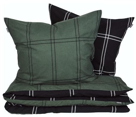 Schiesser Bettwäscheset Ellis | Feinbiber | aus nachhaltiger Produktion | 2-teilig | 135 x 200 cm + 80 x 80 cm | Kariert | Dunkelgrün