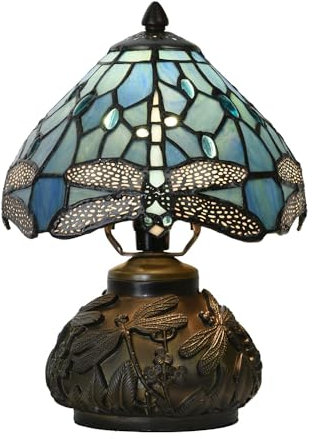 Clayre & Eef Tiffany Tischlampe Ø 20x28 cm Blau Glas Libelle Schreibtischlampe Tiffany