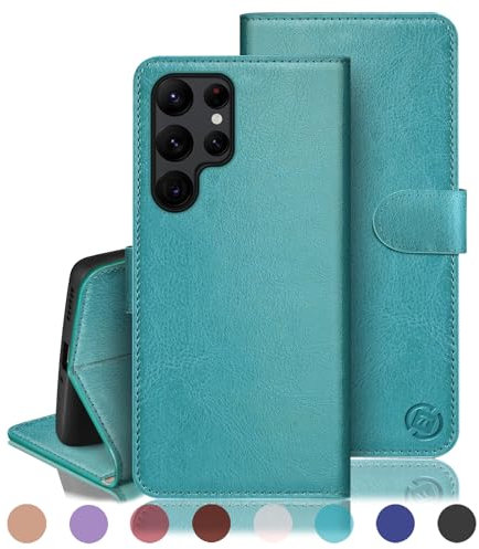 RingPi für Samsung Galaxy S22 Ultra Handy Hülle PU Leder[RFID Schutz] Handyhülle Lederhülle Klapphülle Kartenfach Stoßfeste Schutzhülle Leather Flip Cover für S22Ultra Wallet Phone Case,Blau Grün
