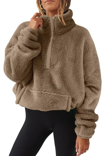 AMhomely Half Zip Fleece Women Crop Long Sleeve Stand Collar Teddy Fleece Tunic Tops Blouse Zip Up Double Jumpers Loose Fit Casual Fluffy Pullover Tops Sweatshirts Fall Winter Warm Coats