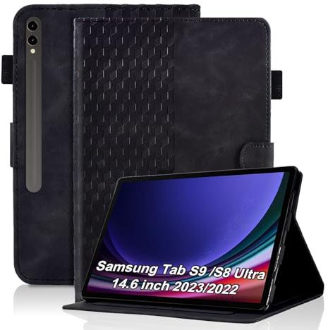 Vkooer Hülle für Samsung Tab S9 Ultra 2023 / S8 Ultra 14.6 Zoll PU Leder Schutzhülle [SM-X916B/X910N] Tablet Taschen Flip Ständer Cover Case Würfel mit Stifthalter, Schwarz