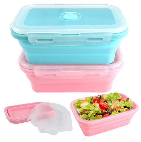 Gcffom Faltbare Frischhalteboxen, 2 Stück Faltbare Brotdose mit Deckel, 800 ML Faltbare Lunchbox, Faltbare Dose Silikon Geeignet für Camping Picknick Büro Küche (Blau+Rosa)