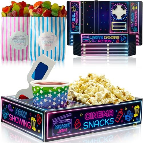 Moviejam Bandejas para aperitivos (20 unidades de neón), 10 cajas de cartón para palomitas, 10 bolsas de papel para caramelos