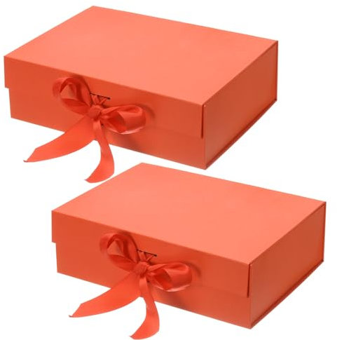 PATIKIL 10x8x3 Inch Magnetic Gift Box, 2 Pcs Collapsible Paper Party Favor Boxes with Lid and Ribbon for Wedding Valentine's Day Birthday, Orange