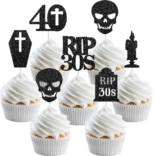 Rip 30s Deko Gothic 40. Geburtstag Party Dekorationen 24 Stück Rip 30s Cupcake Toppers Tod zu meinen dreißiger Jahren Dekorationen schwarzer Tod zu meinen 30er Jahren Dekorationen Supplies