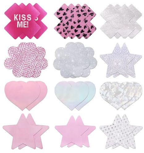 DHFUCNKO 12Paare Glitzer Nippelpads Sexy Set, Kreuz/Herz/Fünfzackiger Stern/Blume Brustwarzen Abdeckung Nipple Cover, Nipple Pads Nippelkleber Nipple Patches Einweg Aufkleber Damen Rave Accessoires