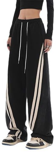 SESERAGI Pants for Women Trendy 2024 Black White Wide Leg Casual Girls Elastic Waist Cargo Pants Pockets Womens Trousers, C-black White, XXL
