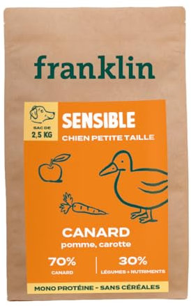 Franklin – Trockenfutter für Hunde ohne Getreide – Proteinreihe – mit 70 % Ente – Monoprotein – einfache Verdauung – Größe 8 mm – 2,5 kg