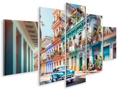 islandburner Prime Bild auf Leinwand Bunte Straße mit alten Gebäuden und einem blauen Oldtimer in tropischer Stadt wie Cuba Bilder Wandbilder Poster