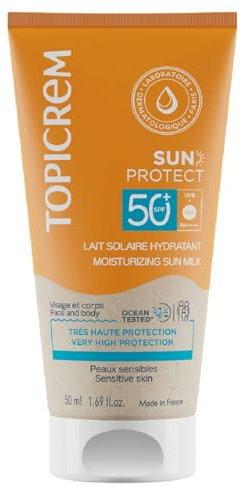 Topicrem - Sun Protect, Lait Solaire Hydratant Visage et Corps SPF50+ - Crème Solaire Très Haute Protection, Hydrate 24h - Soin Peaux Sensibles, Dès 3 Ans - Parfum Ensoleillé - 50 ml