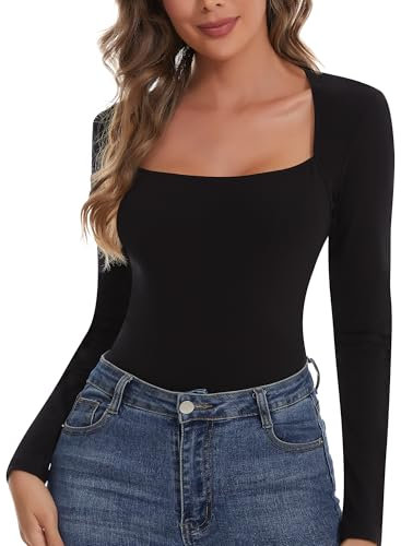 SHAPERIN Women’s Long Sleeve Tops Square Neck Top Plain Casual Shirts Base Layer Ribbed Tee Black 1# L