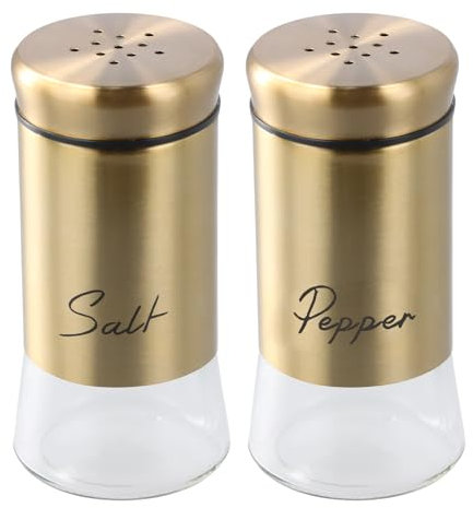 Chstarina Pack of 2 Gold Salt Pepper Shakers 150ml, 11.5X 5.5cm Stainless Steel Salt and Pepper Shakers Set with Glass Bottle for Kitchen, Dining Table, BBQ, Restaurant, Camping