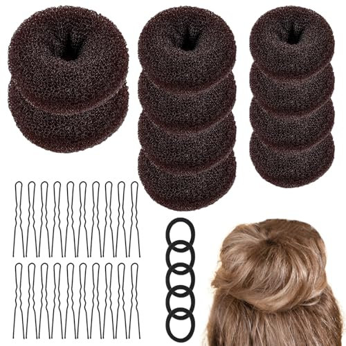GOLRISEN 35 Stück Duttkissen Donut Hair Bun Maker Set Brötchenformer Haar Styling Zubehör 10 Stück Chignon Bun Maker mit 5 elastischen Haarband und 20 U-Form Haarspange (Braun)