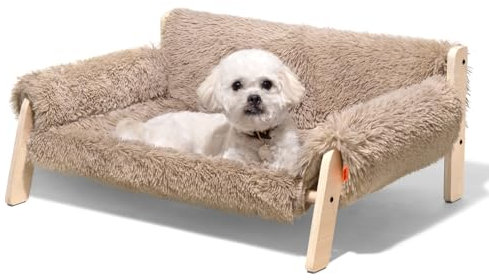MEWOOFUN Erhöhtes Katzenbett Sofa aus Holz, 56x45cm robust großes Katzensofa – modischer Katzenstuhl mit abnehmbarem Matratzenbezug Belastbar mit 10 kg (Braun, 70x53cm)