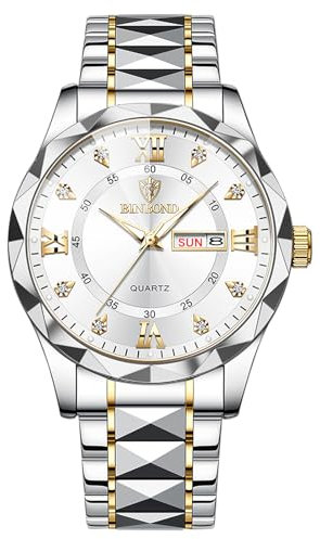 JewelryWe Herrenuhr Edelstahl Leuchtende Uhren: 30m Wasserdicht Kalender Analog Quarz Armbanduhr Herren Gold/Silber Edelstahlarmband Geschäft Lässige Uhr mit Römischen Ziffern Diamantskala