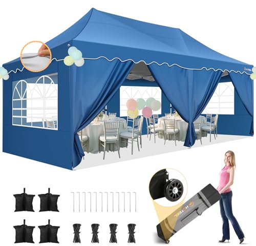 HOTEEL Pavillon 3x6 Wasserdicht Stabil mit 6 Abnehmbaren SeitenwäNden, Wellensaumdach Partyzelt 3x6 mit Radtasche und 4 SandsäCken, Faltpavillon Sonnenschirm füR Hochzeit Markt(Blau)