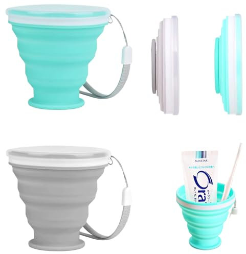 pcsfoe 2 Pièces Gobelet Pliable,Verre Pliable,Tasse Pliable,Gobelet Retractable,Gobelet Pliable avec Couvercle, Convient pour l'eau, Les Jus, Le Camping, L'alpinisme, Le Pique-Nique, La Plage
