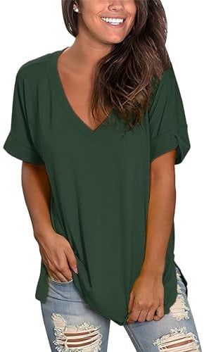 Voqeen Oversized T-Shirts for Women Tops Short Sleeve V Neck Basic Summer Tee Tops Ladies Solid Casual Loose Shirts Dark Green