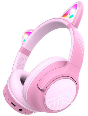 PowerLocus Bluetooth Kopfhörer Kinder, Kinderkopfhörer Over Ear mit 74/85/94dB Lautstärkebegrenzung, LED-Leuchten, Kabellos & Aux-Kabel Faltbare Kopfhörer mit Mikrofon (Lila/Rosa)