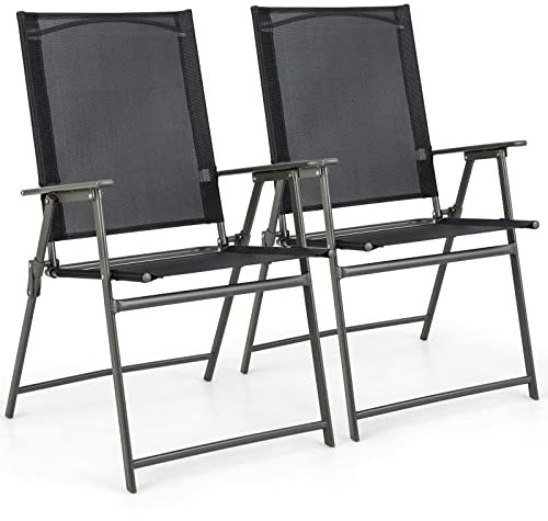 COSTWAY 2er Set Gartenstühle, Hochlehner Klappstühle mit wetterfestem Stoff, Balkonstühle mit Armlehnen, Terrassenstühle bis 150 kg belastbar, für Garten, Terrasse, Balkon (Schwarz)