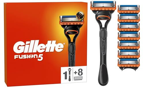 Gillette Rasoir Pour Homme Fusion5, Manche Réutilisable, 8 Cartouches A 5 Lames, Bande Lubrifiante Pour Le Rasage Du Visage Confortable Et Une Glisse Du Rasoir Fluide, 1 Recharge Par 20 Rasages