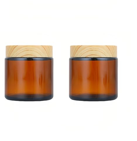 Lot de 2 pots en verre ambré rechargeables de 100 ml avec couvercles en plastique grain de bois et doublures intérieures pour lotion, crème, hydratant, soins de la peau