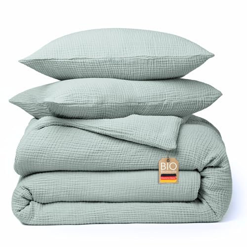 blanketino Bio Musselin Bettwäsche Set (Salbeigrün, 155x220 cm +1x Kissen 80x80 cm)
