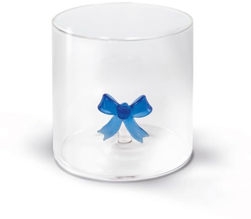 WD Lifestyle - Bicchiere in Vetro Borosilicato 250ml con Soggetto in Vetro Colorato Interno (Fiocco Blu)