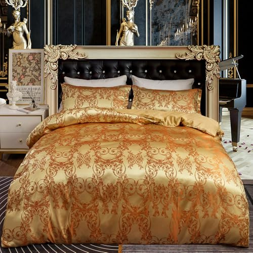 Satin Bettwäsche 140x200 Gold Seide Blumen Jacquard mit Kissenbezug 70x90cm | Seidenbettwäsche, Glanzsatin, Glatt, Luxus, Glänzend, Sommer, Barock, Blumenmuster, Microfaser, Reißverschluss, Einzelbett