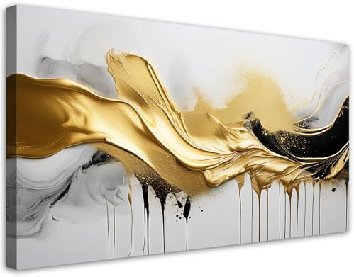 Feeby Leinwand Bilder - Bild Wohnzimmer - Goldene 3D-Abstraktion - 120x60 1tlg - Deko Schlafzimmer Groß - Dekoration Canvas - Gemälde - Modern Wandbilder - Kunstdruck