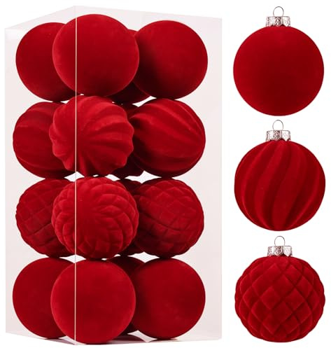 Wironlst Samt-Ornamente für Weihnachtsbaum, 3 Stile, beflockt, matt, Samt-Weihnachtskugeln, bruchsichere Dekoration für Weihnachtsbaum, Hochzeit, Urlaub, Party, Zuhause (8 cm, 16 Stück, rot)