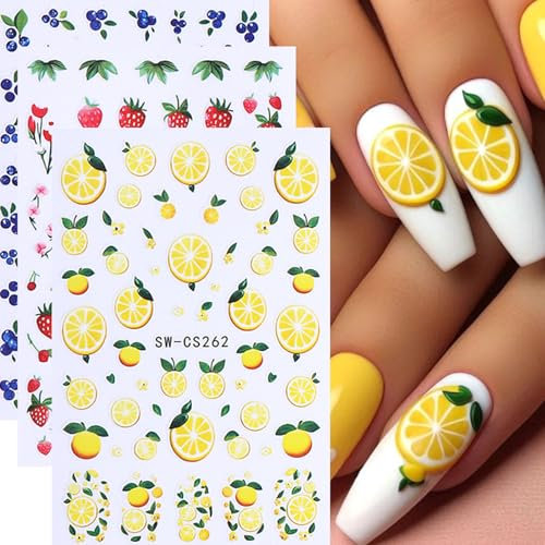 Shimmerz 5 Sheets Summer Nail Art Stickers 3D Self-Adhesive Nail Decals Lemon Strawberry Blueberry Stickers for Nail Designs Cute Fruit Manicure Stickers