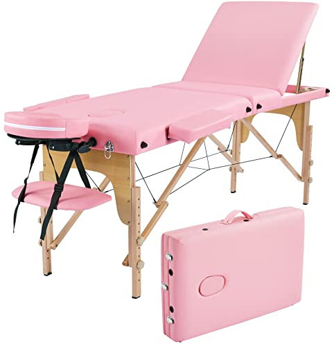 Abician Table de Massage Pliante Réglable en 8 Hauteurs Table de Massage Portable 3 Sections Pieds en Bois Massif Dossier Têtière Repose-Bras Hamac 213 x 80 x 84,5 cm Rose