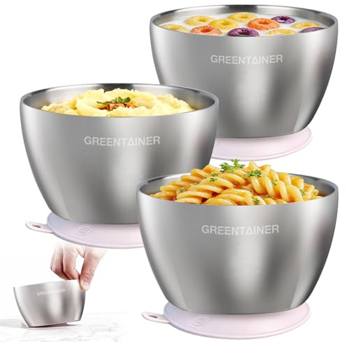Greentainer Set de 3 Tazones de Acero Inoxidable con Ventosa para Bebé, Cuencos Antideslizantes con Base de Silicona, Libre de BPA, Apto para Lavavajillas, Rosa