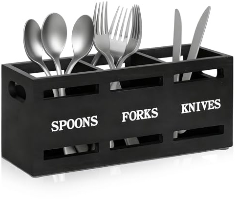 RFYTDCF Kitchen Utensils Holder, Wooden Cutlery Holder Utensil Organizer with 3 Compartments Large Flatware Caddy Storage Container for Knife Fork and Spoons